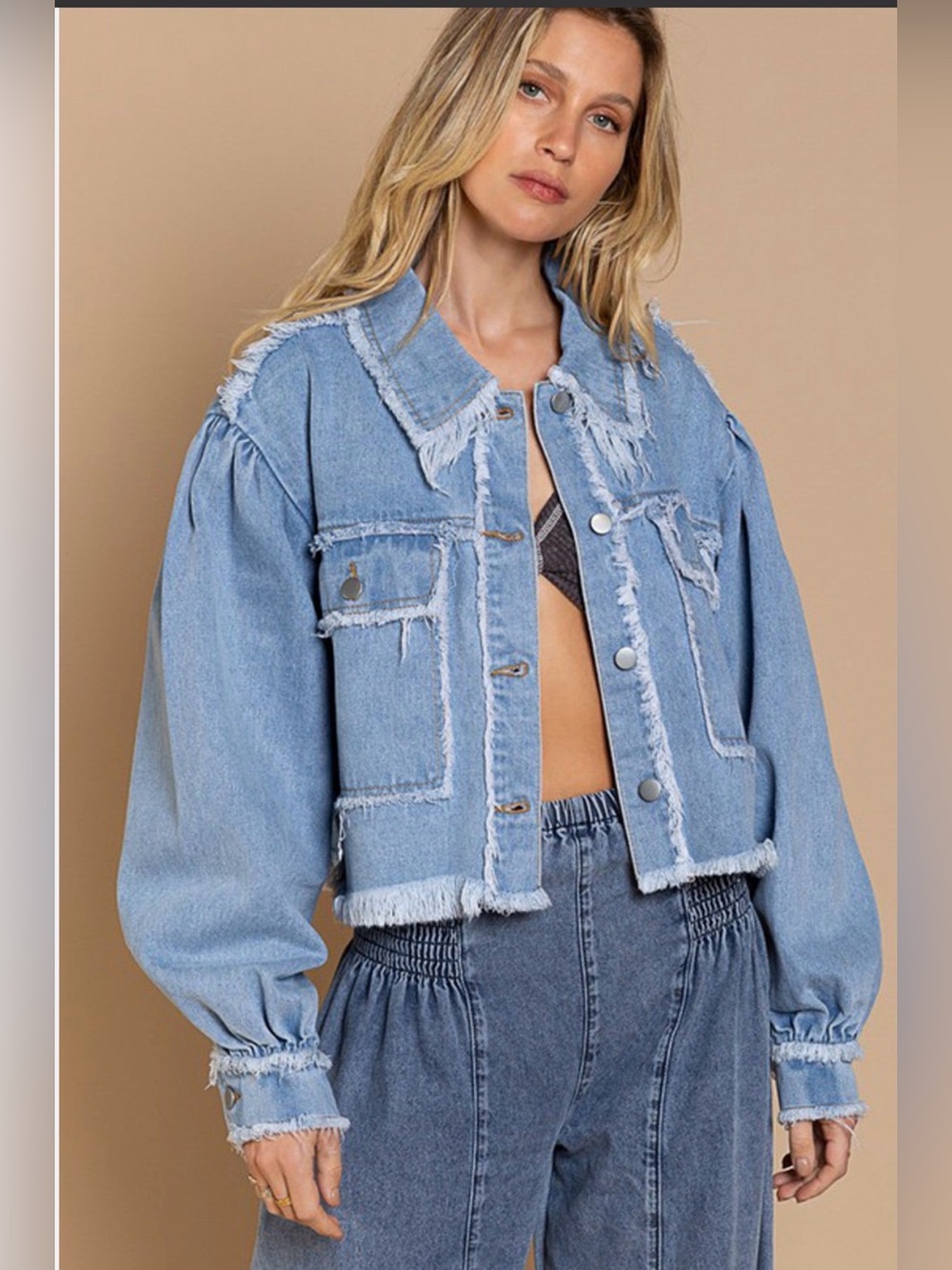 POL Light Blue Distressed Denim Jacket with Puff Sleeves